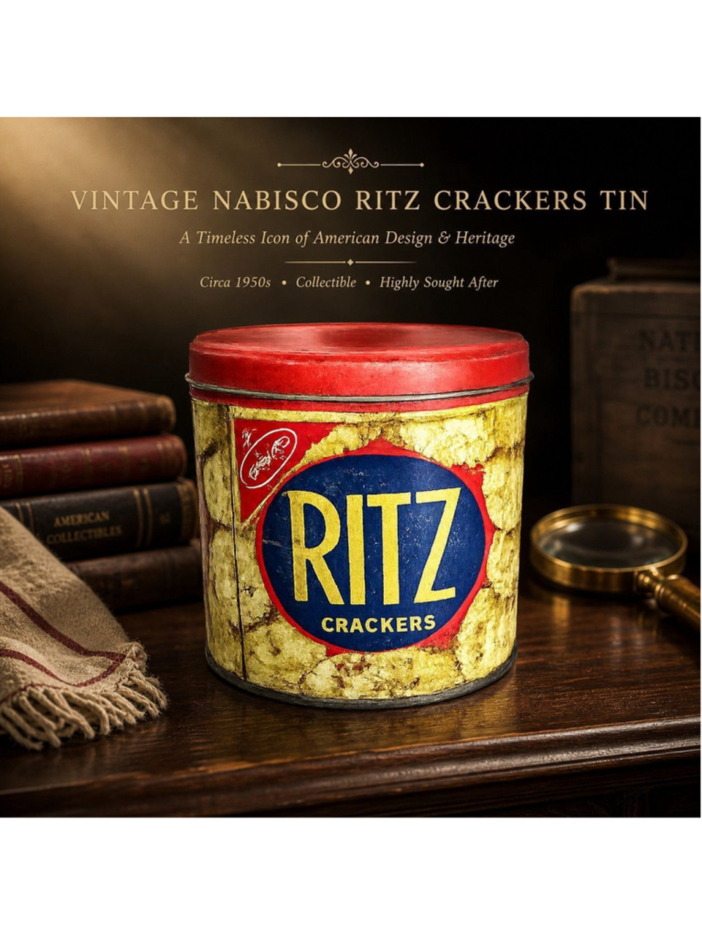 Vintage Ritz Crackers Tin Canister w/ Lid • Nabisco Advertising • National Biscu
